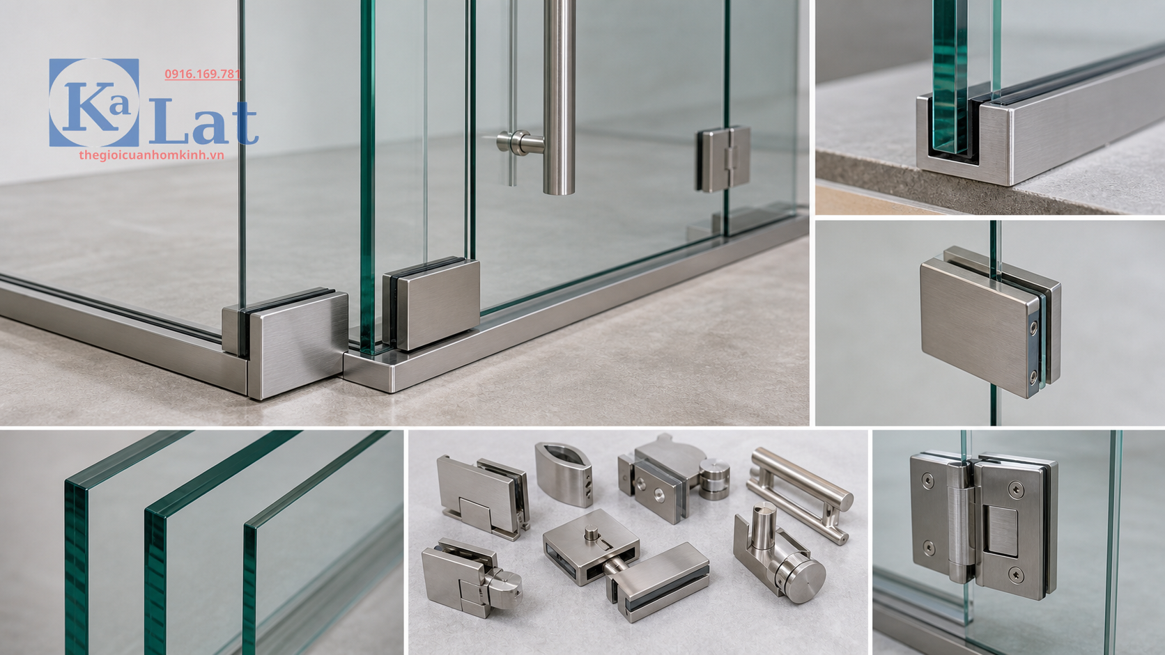Phụ kiện vách kính cường lực U inox kẹp kính bản lề tay nắm