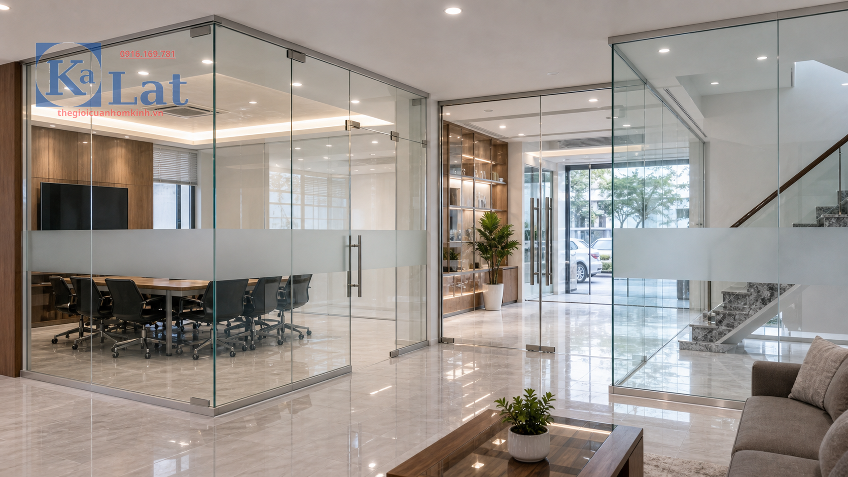 Vách kính cường lực văn phòng showroom kính trong và decal mờ