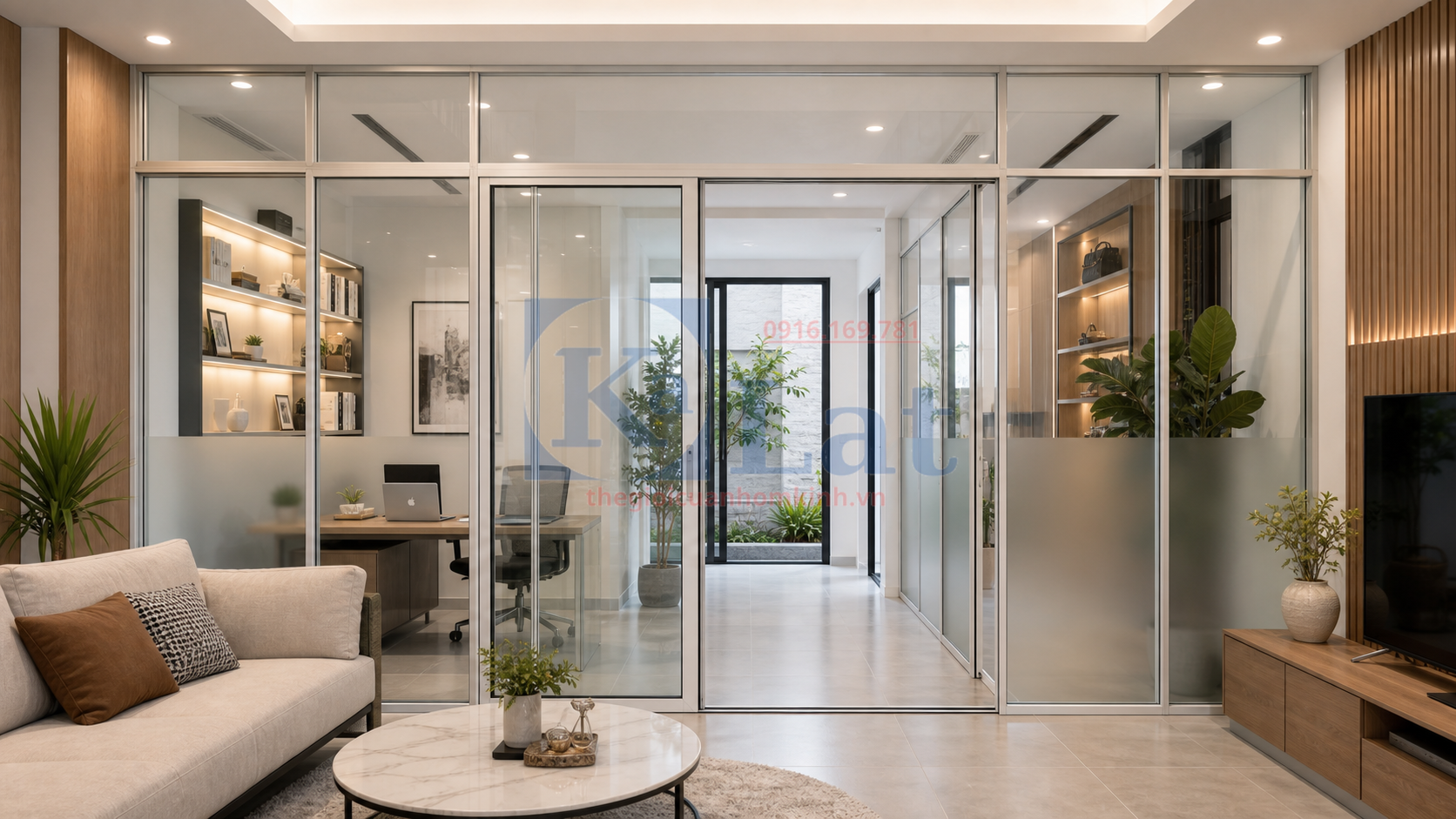 Báo Giá Vách Ngăn Nhôm Kính Giá Tốt Nhất 2026 3 Vách ngăn nhôm kính nhà phố showroom cửa lùa kính mờ